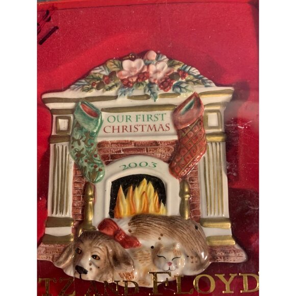 Fitz And Floyd 2003 "Our First Christmas" Ornament With Fireplace & Stockings De - Picture 2 of 2